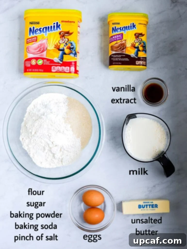 A visual display of key ingredients for mini pancake cereal: fresh milk, rich butter, pancake mix for convenience, eggs for binding, fragrant vanilla extract, and assorted flavored powdered milk for exciting variations.