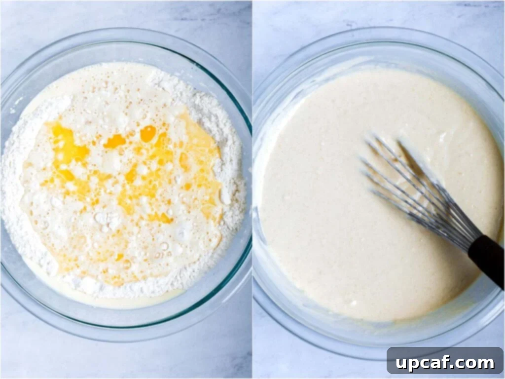 A two-part image showing the pancake ingredients separated in a bowl before mixing, and then the smooth, ready-to-use batter after thorough mixing, illustrating the transformation process.