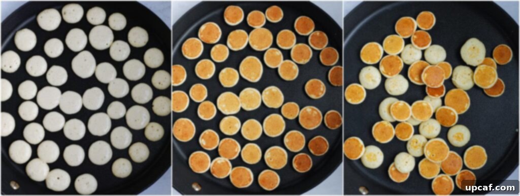A close-up shot of numerous small, round pancake cereal dots cooking on a hot pan, showing the beginning of the bubbling process before flipping.
