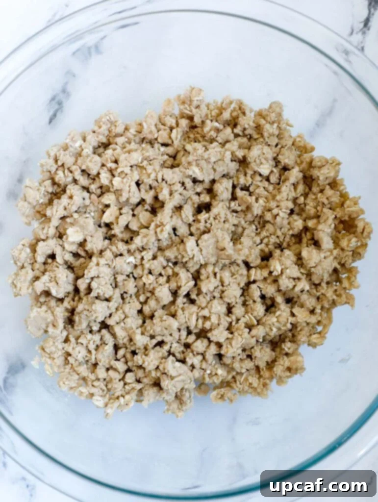 The finished crumbly mixture for the crisp topping in a bowl, showing a perfect texture before baking.