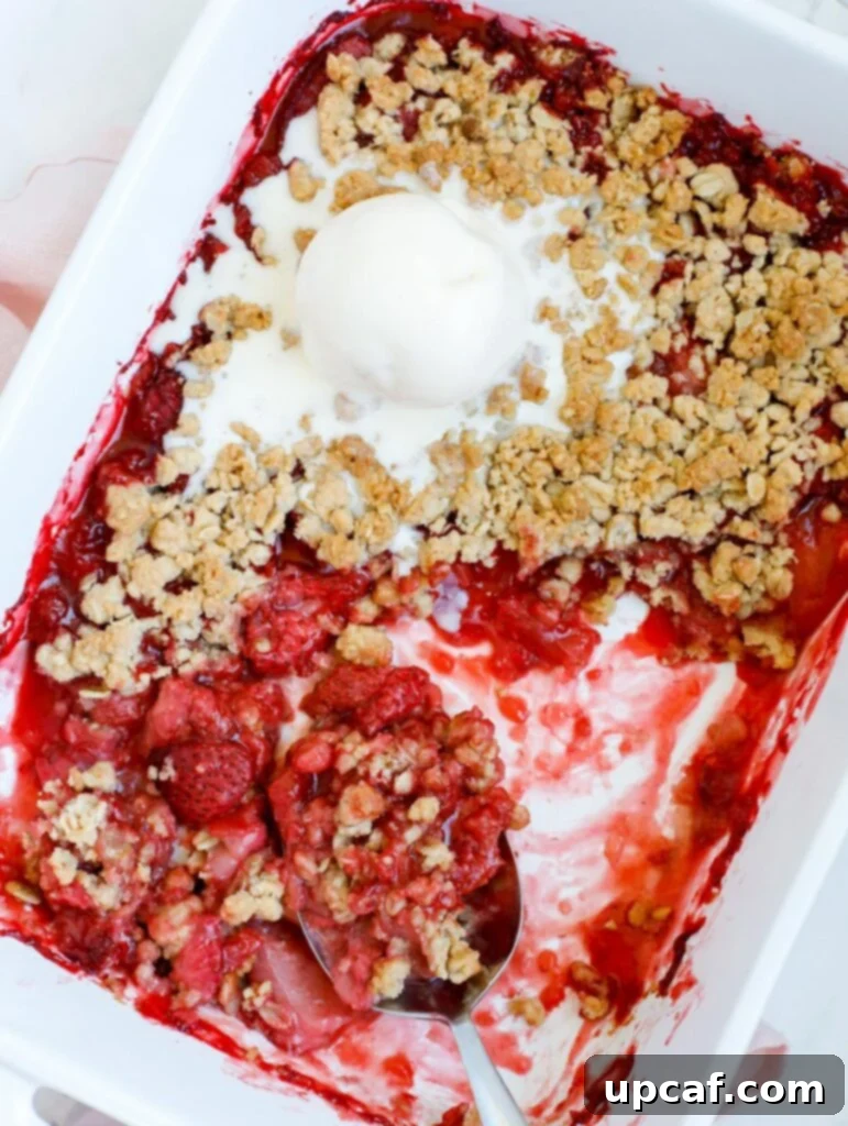 A freshly baked strawberry crisp in a baking dish, served with a spoon and a melting scoop of vanilla ice cream, showing its golden-brown topping and bubbly fruit.