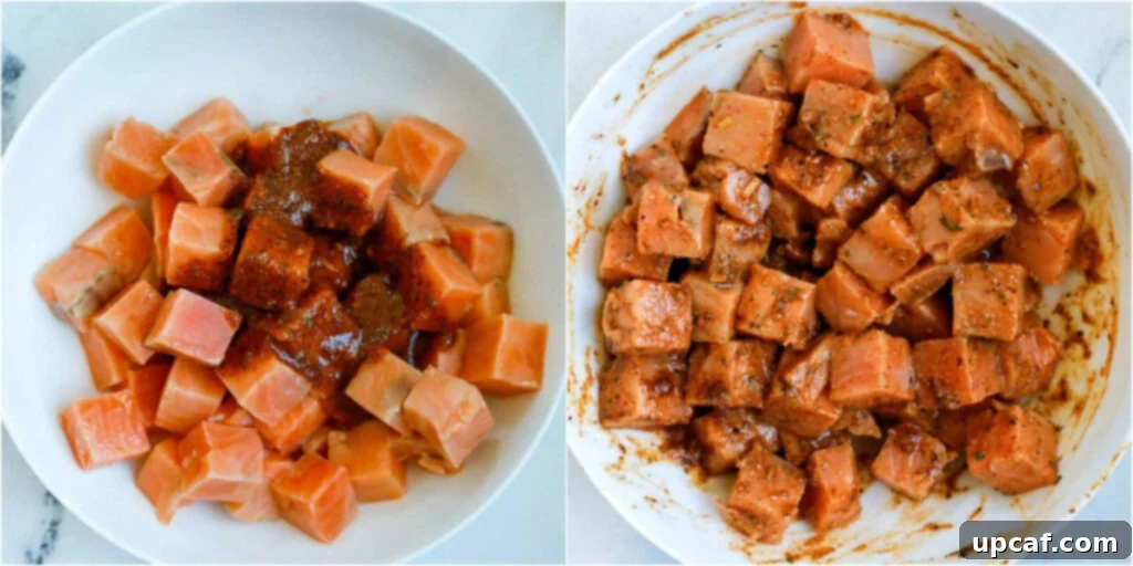 salmon cubes marinated in a bowl