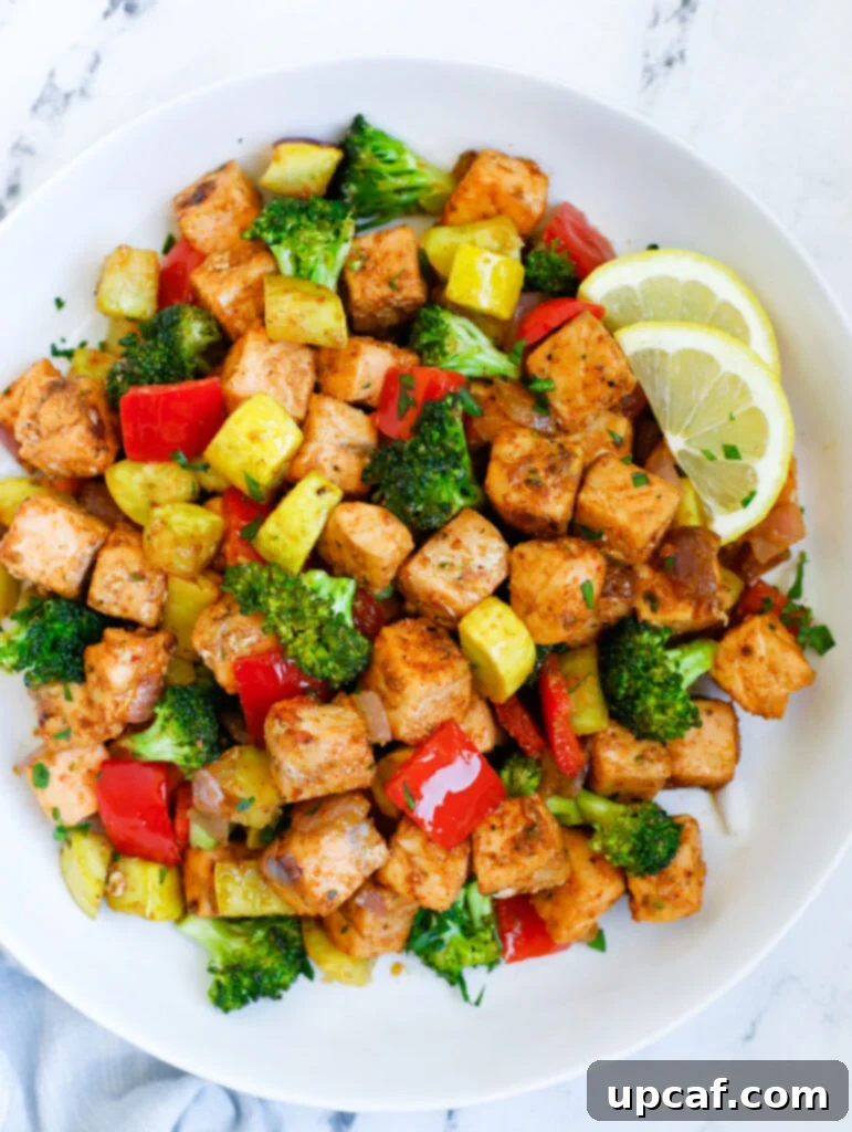 Salmon and vegetables served in a plate