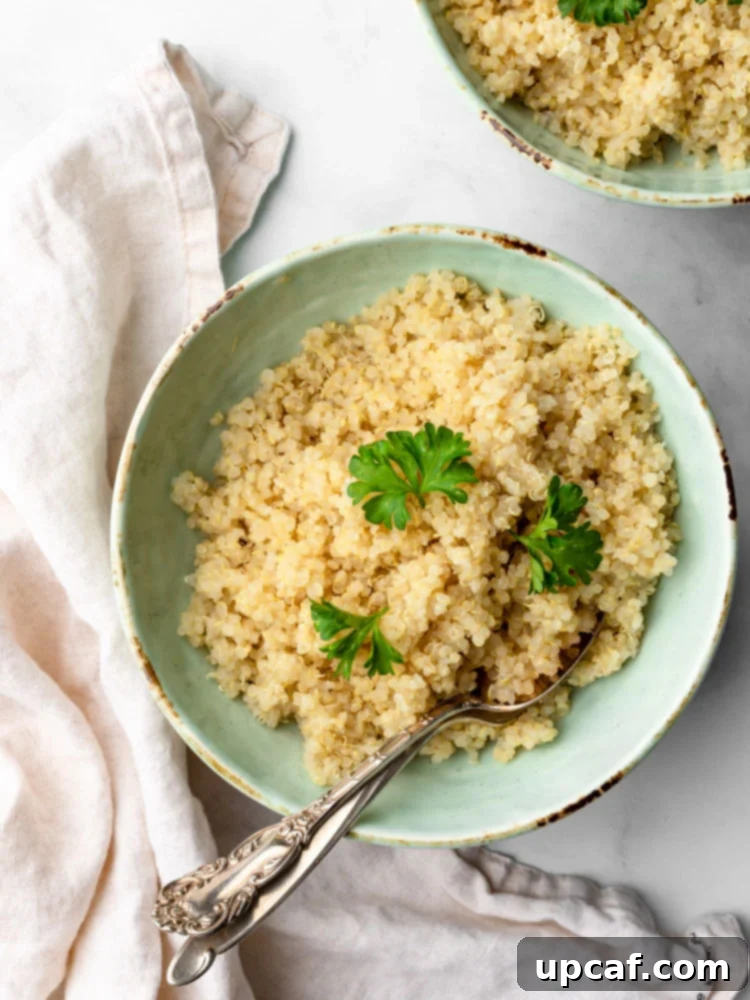 Perfectly cooked quinoa in a bowl, garnished with fresh parsley, ready to be enjoyed.