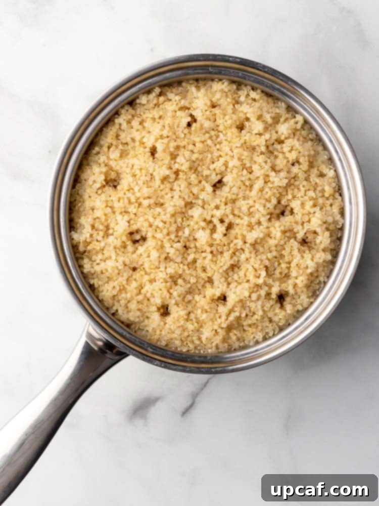 Perfectly cooked and fluffy quinoa in a pot after resting.