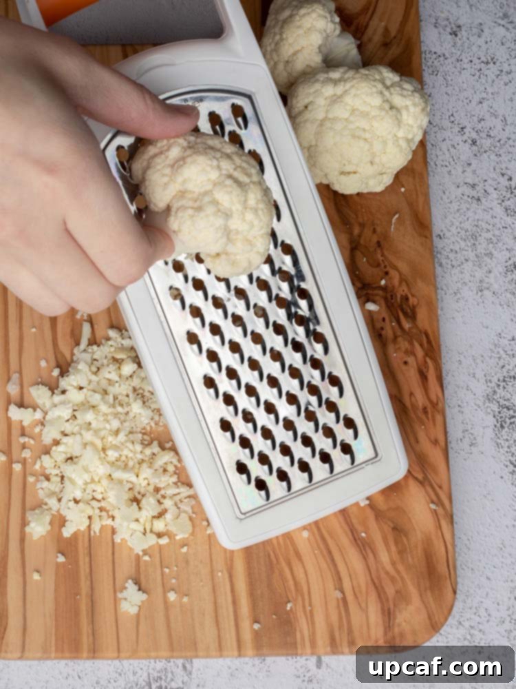 Close-up of a hand grating fresh cauliflower with a box grater, demonstrating the manual method.