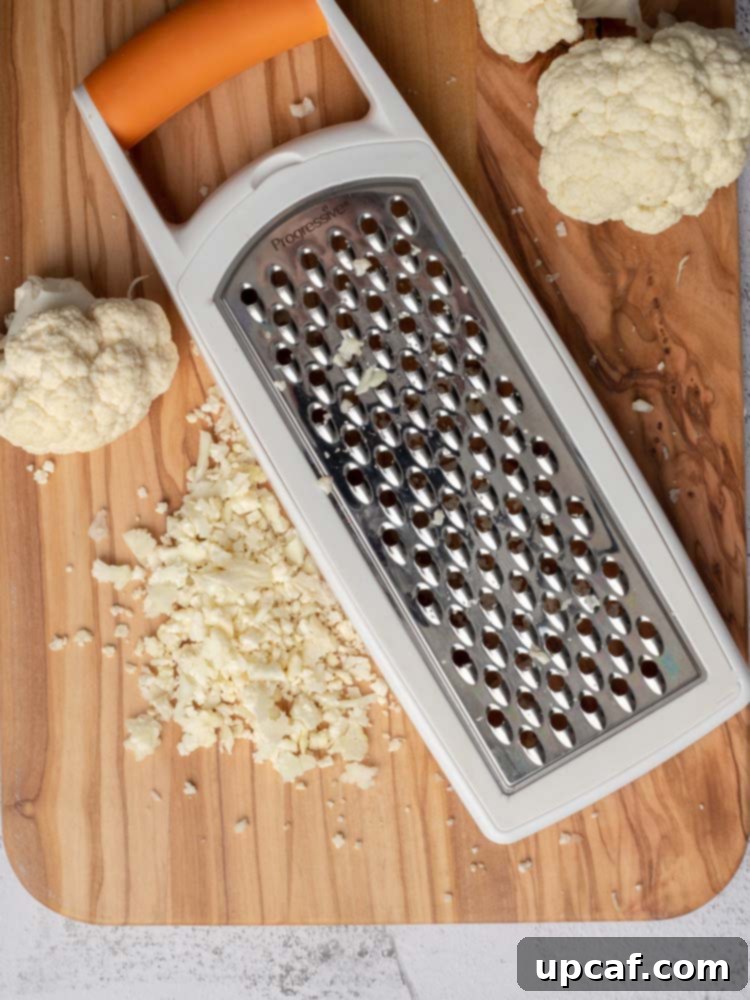 Pile of finely grated cauliflower on a cutting board, illustrating the desired rice-like consistency.