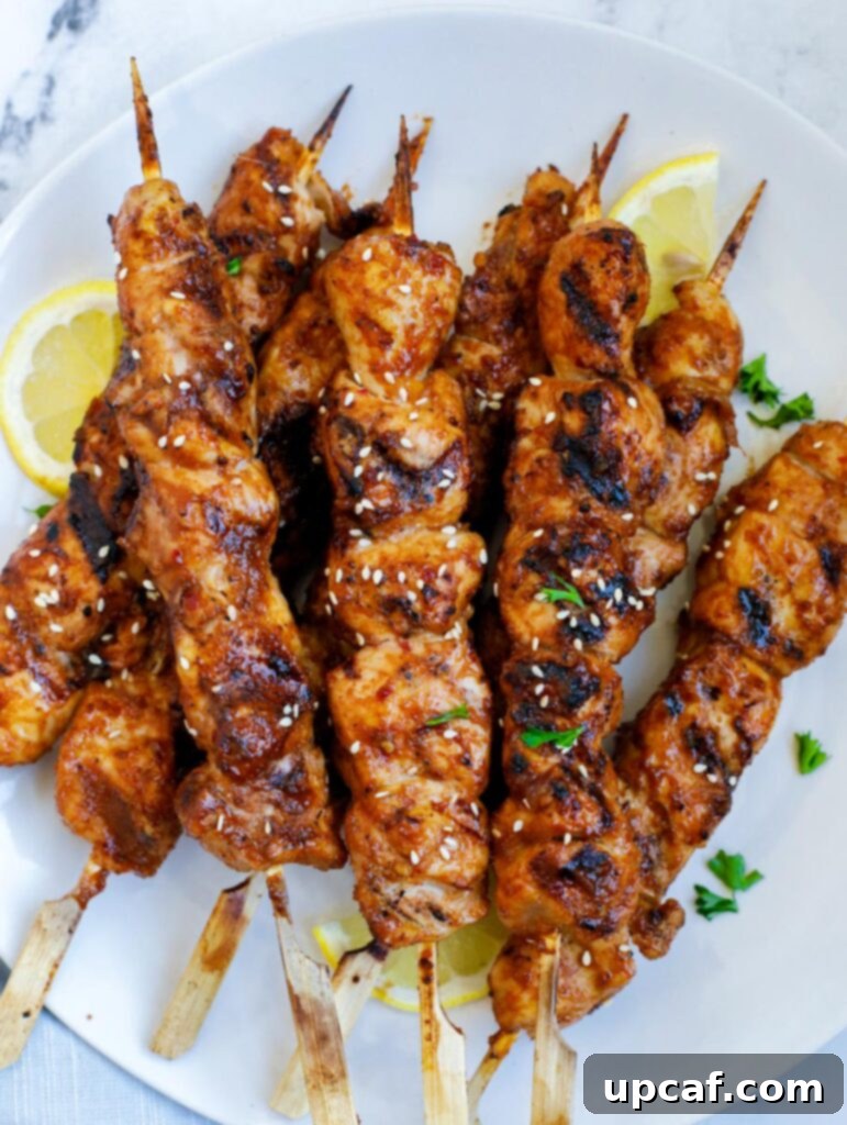 Seoul Street Chicken Skewers 7 Grilled Korean BBQ Chicken Skewers artfully arranged on a serving plate