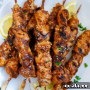 Seoul Street Chicken Skewers 8 Grilled Korean BBQ Chicken Skewers on a plate