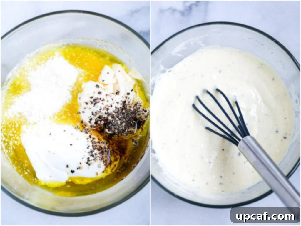 Homemade Caesar salad dressing in a bowl, showing its creamy texture