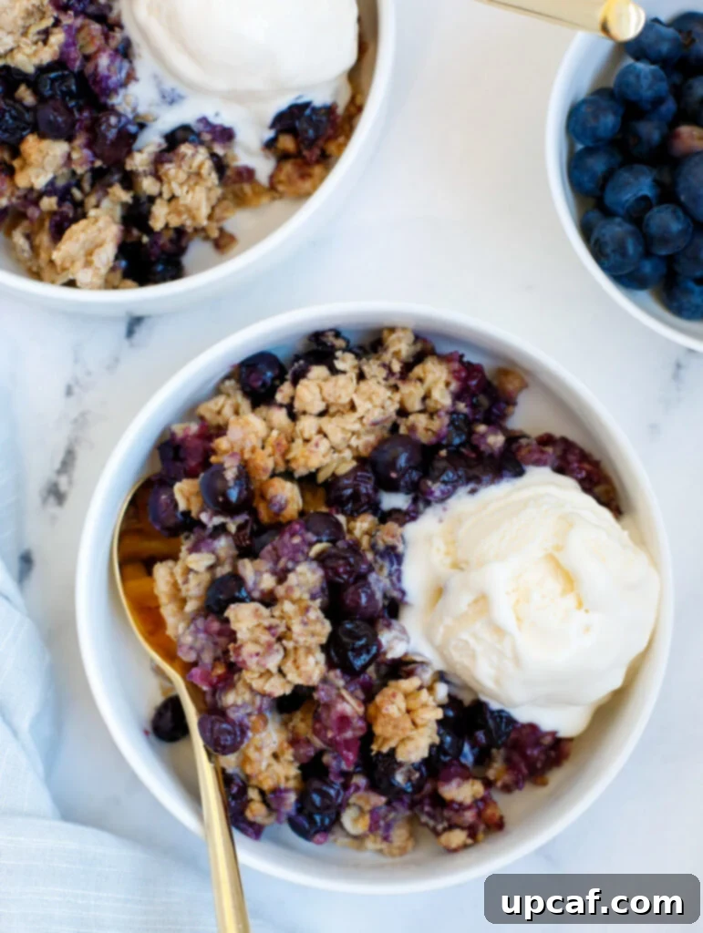 Delicious Blueberry Crisp Recipe served in individual bowls, topped with vanilla ice cream, ready to enjoy