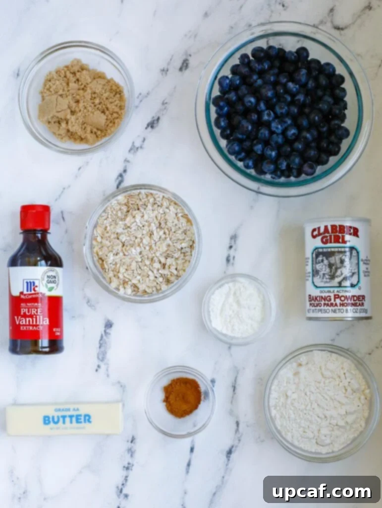 Assortment of fresh ingredients for making Blueberry Crisp, including blueberries, flour, oats, sugar, and butter, laid out on a wooden surface