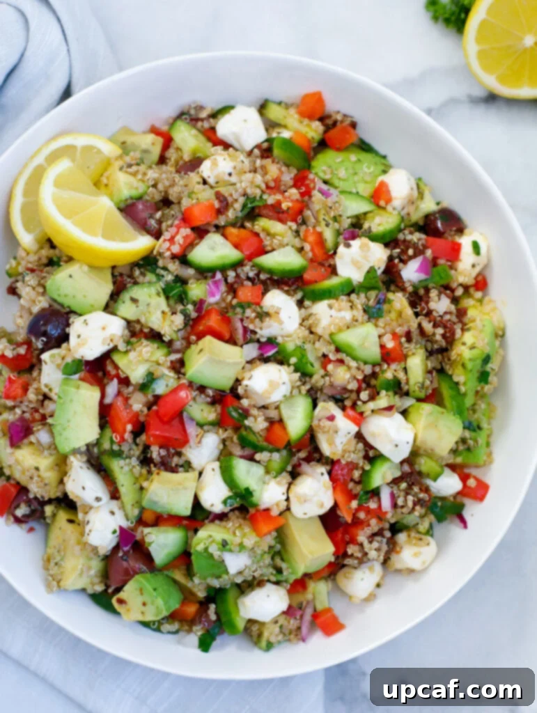 Easy Mediterranean Quinoa Salad in a white bowl