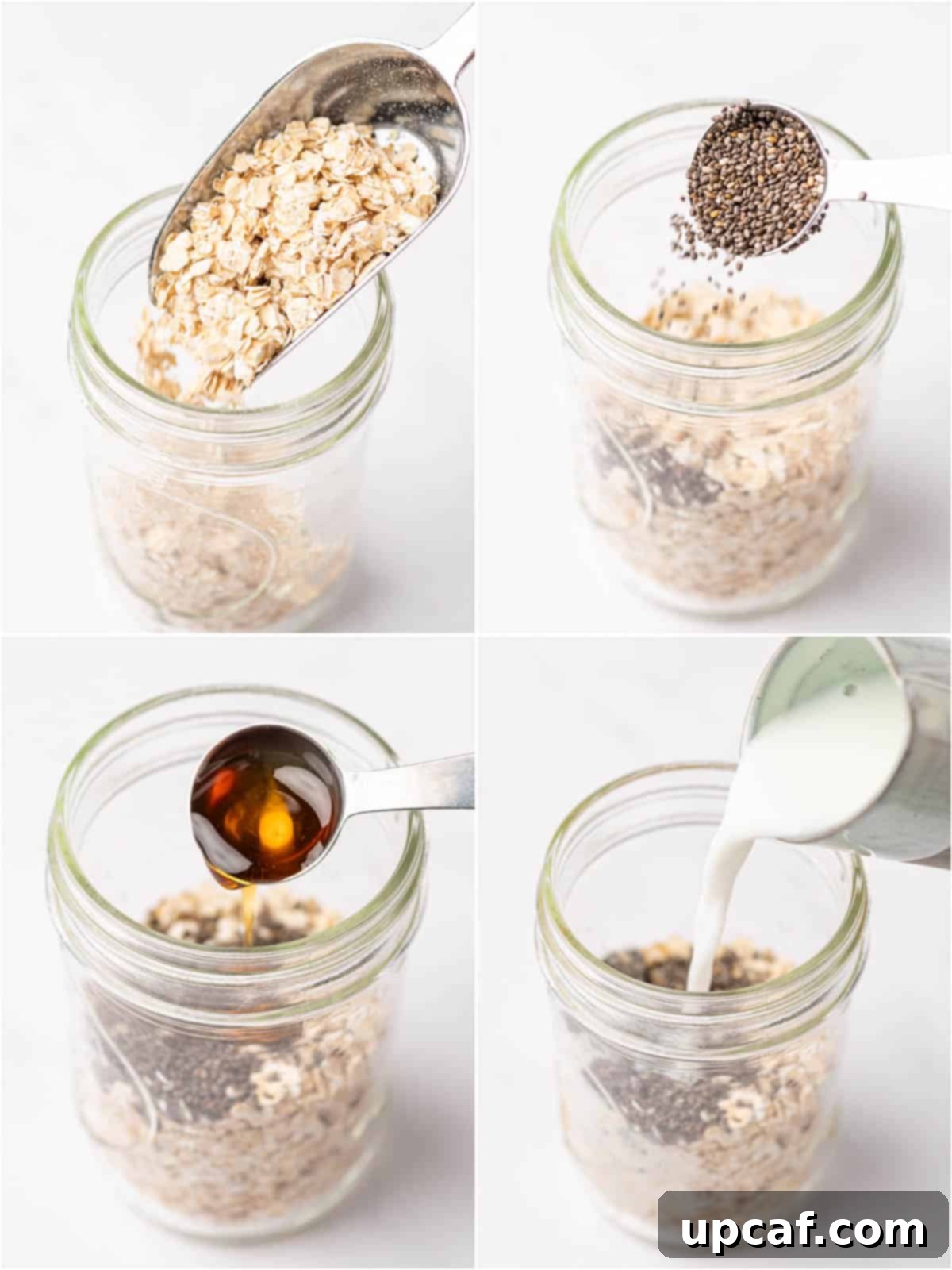 Overnight quick oats in a mason jar being prepared.