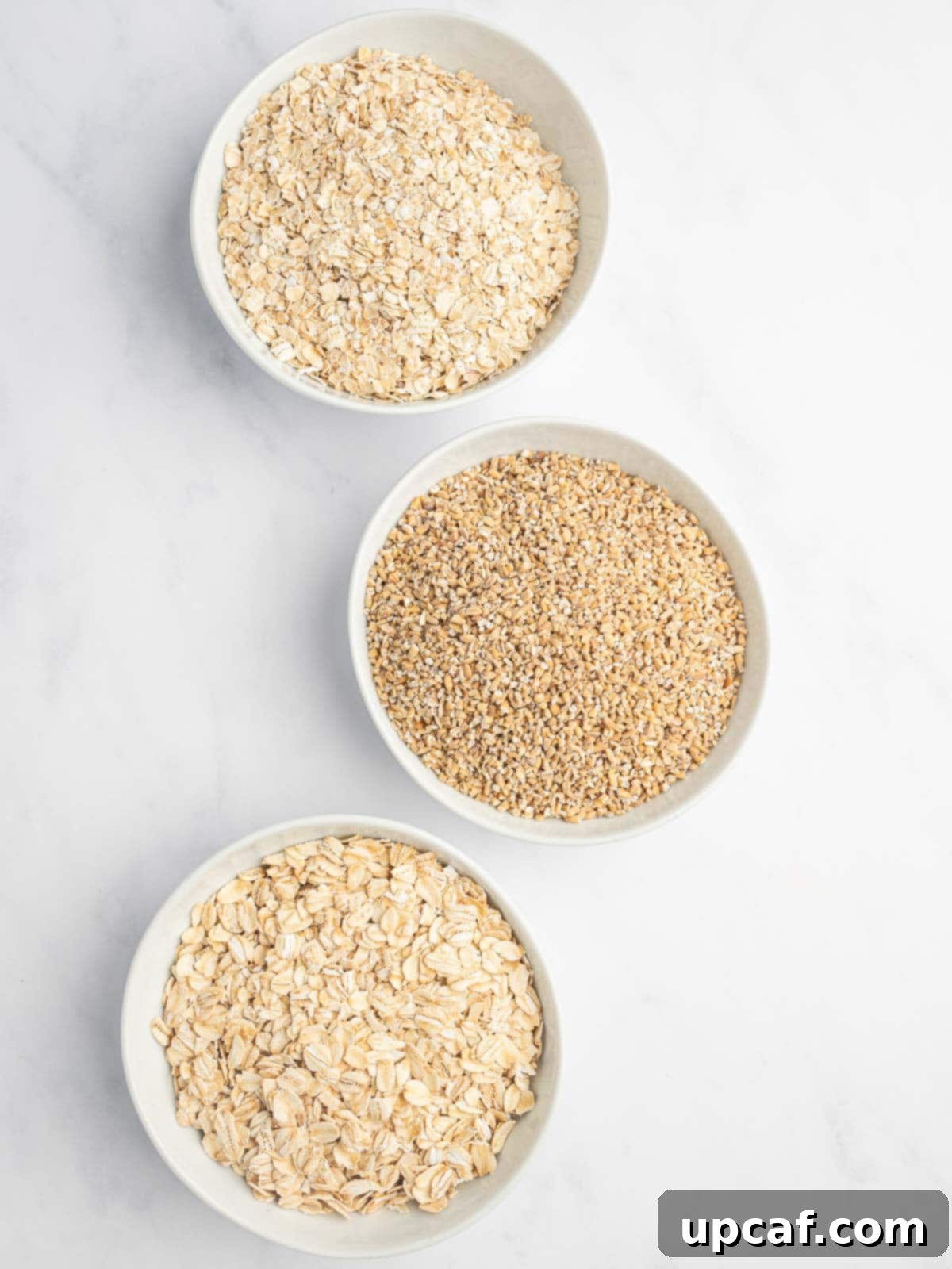 Types of oatmeals in a bowl. Steel cut oatmeal, quick oatmeal and old fashion rolled oats.