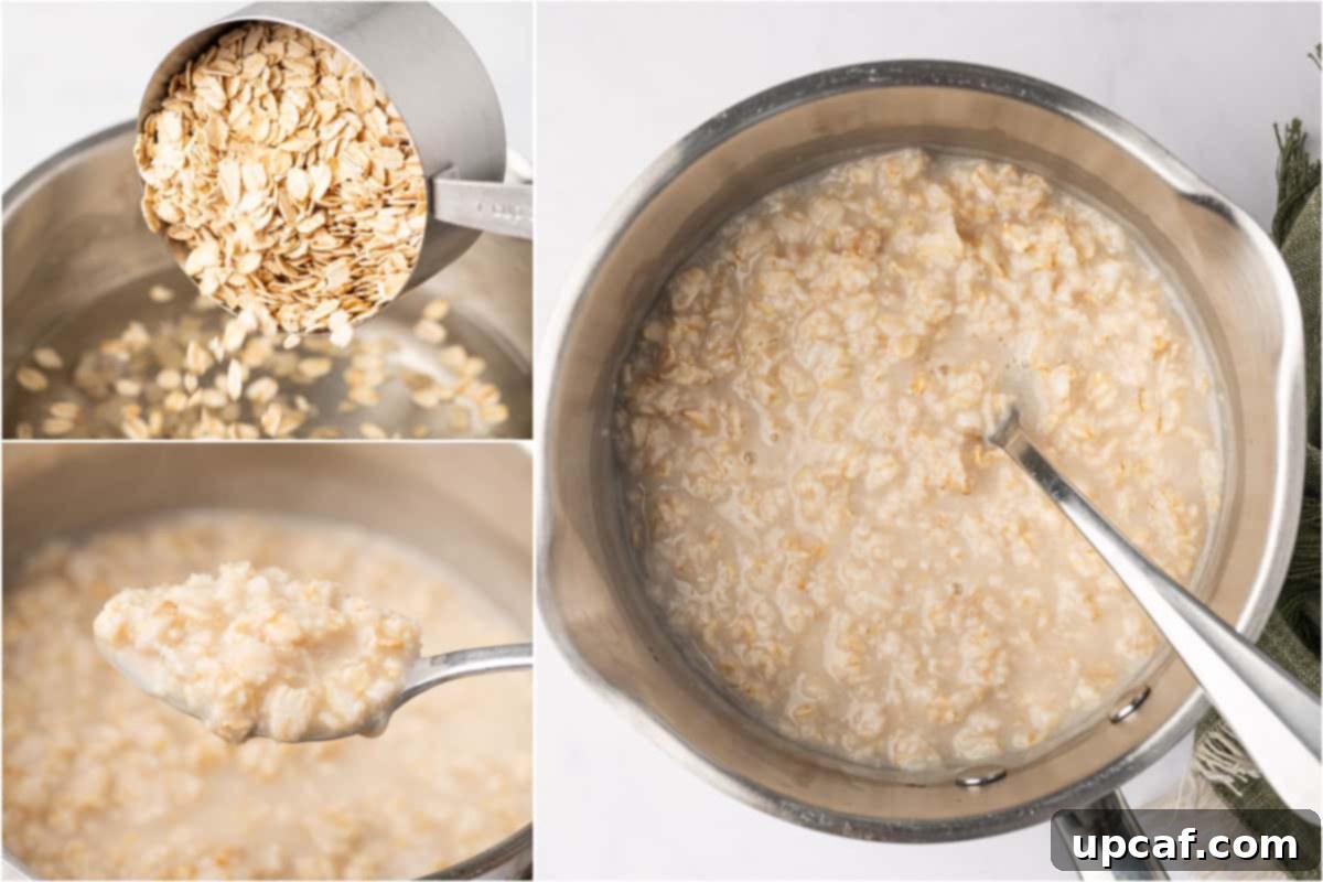 Process showing cooking stop top rolled oats.