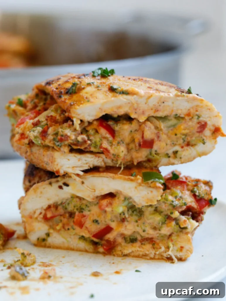 Broccoli and Cheese Stuffed Chicken on a plate, garnished with fresh herbs