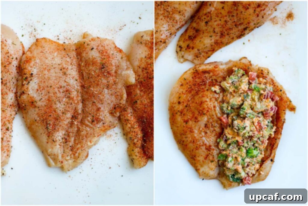 Cutting chicken and stuffing it with the broccoli and cheese mix