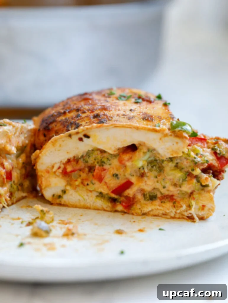 Close up of a broccoli and cheese stuffed chicken breast, cut in half to show the filling