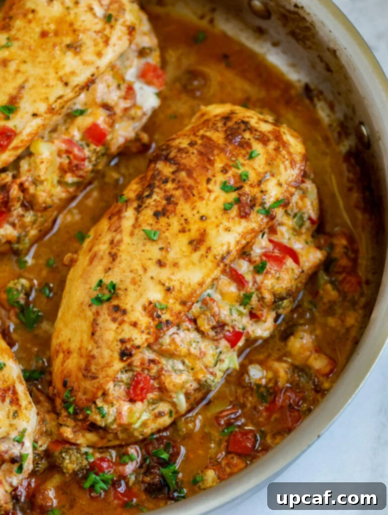 Stuffed chicken breast in a skillet with a wooden spoon