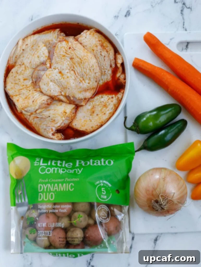 Rustic Chicken and Potato Bake 3 Ingredients laid out for Chicken and Potato Bake