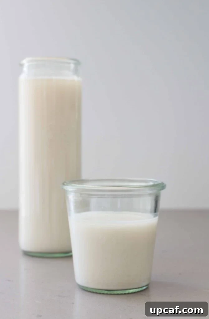 A glass of creamy homemade oat milk, garnished with oats, against a light background.