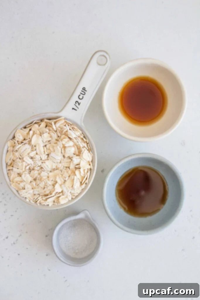 The essential ingredients for homemade oat milk: rolled oats, a bottle of maple syrup, and a small bottle of vanilla extract, neatly arranged on a counter.