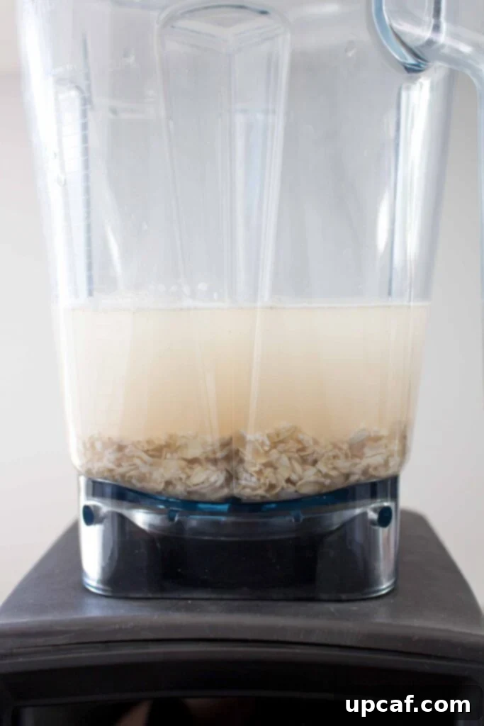 Close-up of oat milk ingredients in a blender, including oats, water, and vanilla extract, before blending.