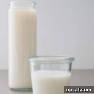 A glass of creamy homemade oat milk, garnished with oats, against a light background.
