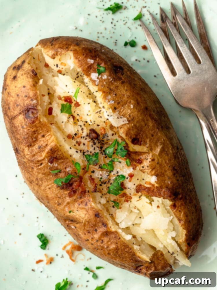 baked potato on a plate topped with bacon, parsley and black pepper