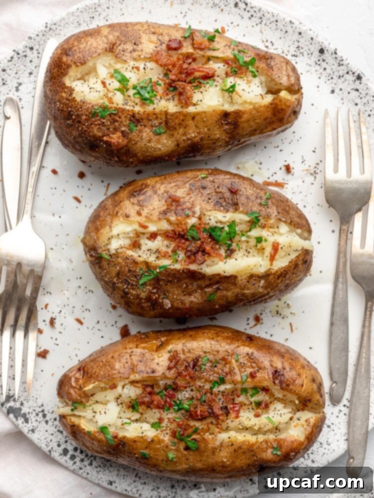 baked potatoes topped with bacon and fresh parsley on a plate with forks