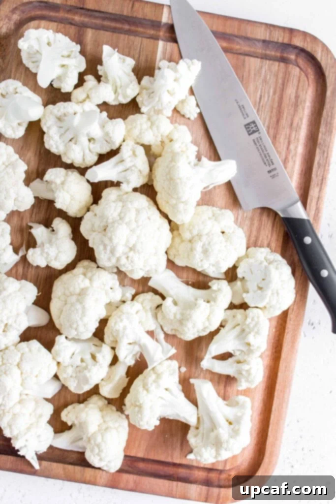Freshly cut cauliflower florets ready for cooking