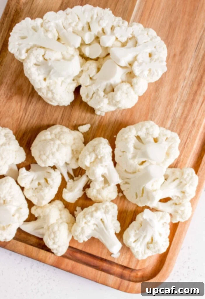 Cauliflower separated into various sizes of florets