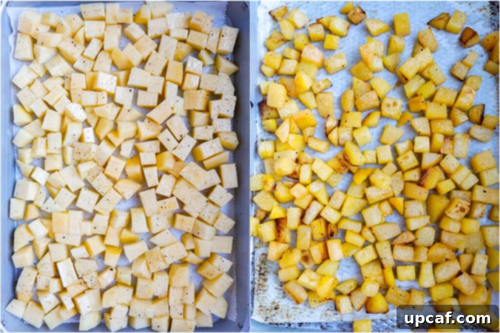 diced turnips on a baking tray