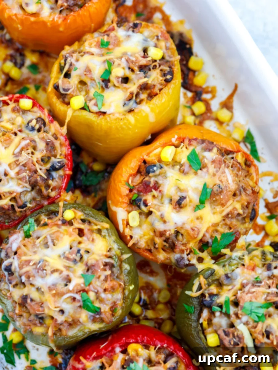 Nutrient-Packed Bell Pepper Boats 6 top down shot of Healthy Stuffed Peppers in a baking dish.