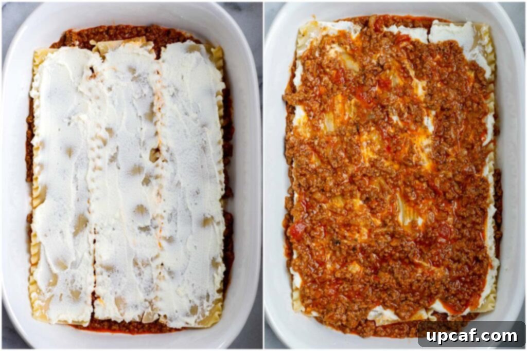 Close-up of the lasagna assembly process, showing layers of pasta and rich meat sauce being carefully placed in a baking dish.
