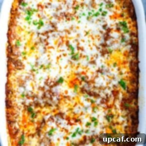 Meat Lasagna in a white dish.