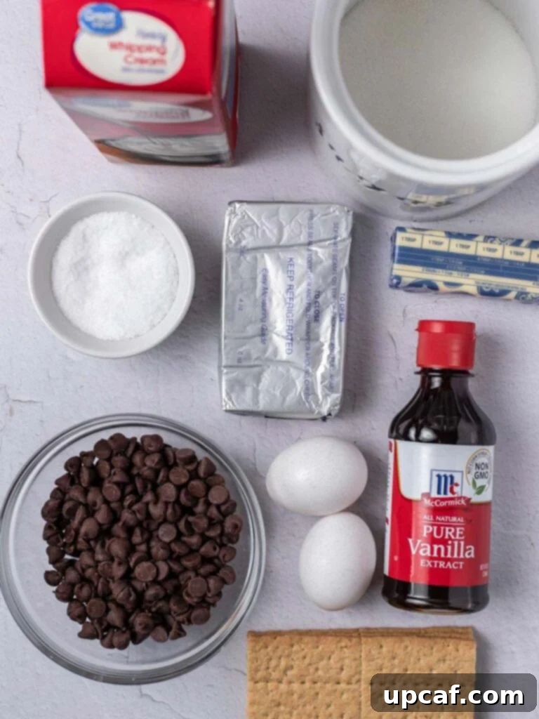 Ultimate Chocolate Chip Cheesecake 3 Close-up of all the measured ingredients for chocolate chip cheesecake laid out on a clean surface, ready for preparation.